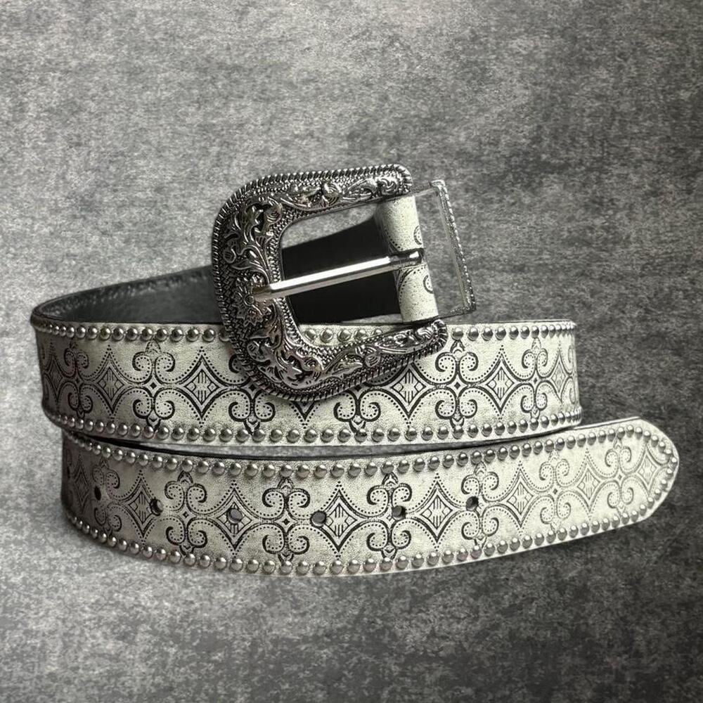 Silver Western Studded Belt Ornate Engraved Buckle Gothic Y2K Cowboy Rodeo